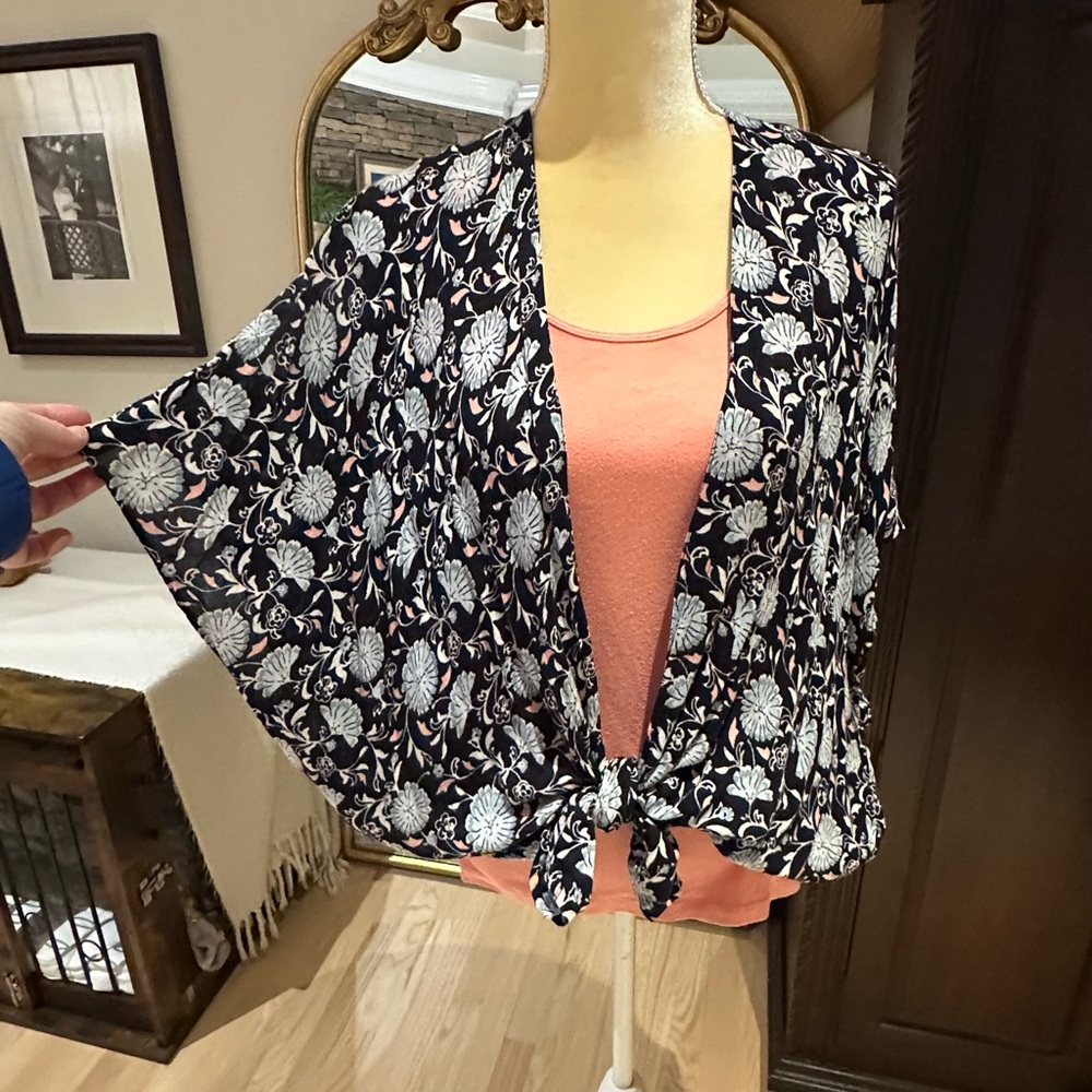 LOFT Navy, White and Pink Floral Kimono with Pink tank
